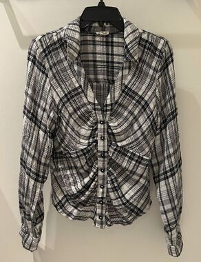 Pilcro Anthropologie Women’s Plaid Shirt S Black White Fitted Button Down